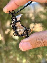 Load image into Gallery viewer, ARTISAN CAB (adit stones) yellow Maligano Jasper moon with onyx + hematite gem accents wire wrapped pendant necklace
