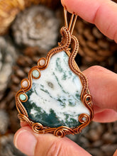 Load image into Gallery viewer, Artisan cab (johari gems) tree agate with chrysoprase + peach moonstone gem accents wire wrapped pendant necklace
