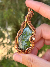 Load image into Gallery viewer, Artisan cab (johari gems) green jade + green turquoise + moonstone gem accent wire wrapped pendant necklace
