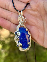 Load image into Gallery viewer, Lapis lazuli with sapphire + pyrite gem accents wire wrapped pendant necklace
