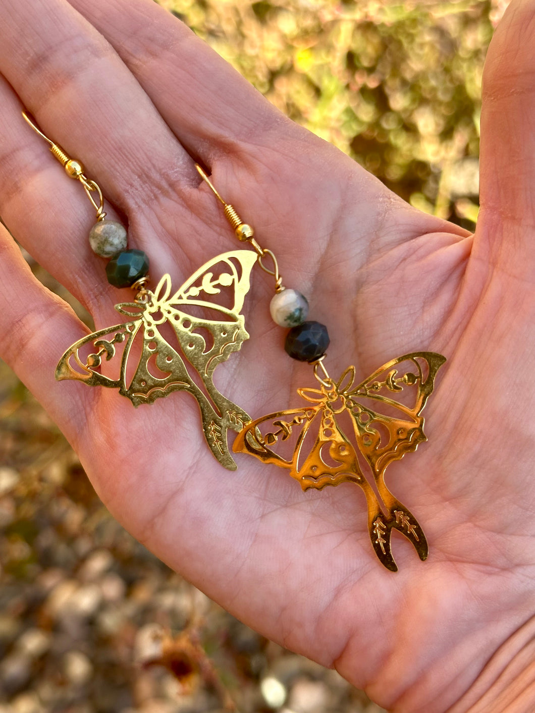 Moss agate Luna moth earrings