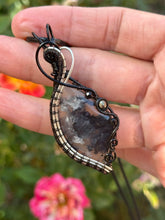 Load image into Gallery viewer, Artisan cab (adit stones) smoky plume agate with pyrite + onyx gem accents wire wrapped pendant necklace
