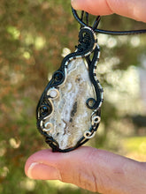 Load image into Gallery viewer, ARTISAN CAB ( Alisha Stolsig) White Crazy Lace Agate with moonstone + obsidian gem accents wire wrapped pendant necklace
