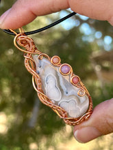 Load image into Gallery viewer, ARTISAN STONE (positive rocks) White tube agate with Rhodonite + lepidolite gem accent wire wrapped pendent necklace
