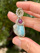 Load image into Gallery viewer, Larimar with lepidolite + rose quartz gem accent wire wrapped pendant necklace
