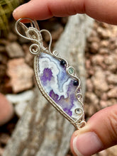 Load image into Gallery viewer, Artisan cab (positive rocks) purple aurora opal with plume agate doublet with onyx + blue kyanite gem accents wire wrapped pendant necklace
