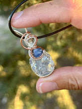 Load image into Gallery viewer, Celestite with blue kyanite gem accents wire wrapped pendant necklace

