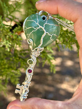 Load image into Gallery viewer, Green aventurine heart with ruby in zoisite inclusions skeleton key wire wrapped pendant talisman necklace
