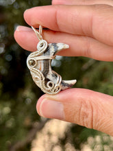 Load image into Gallery viewer, Artisan cab (positive rock) Zebra onyx crescent moon with pyrite gem accent wire wrapped pendant necklace
