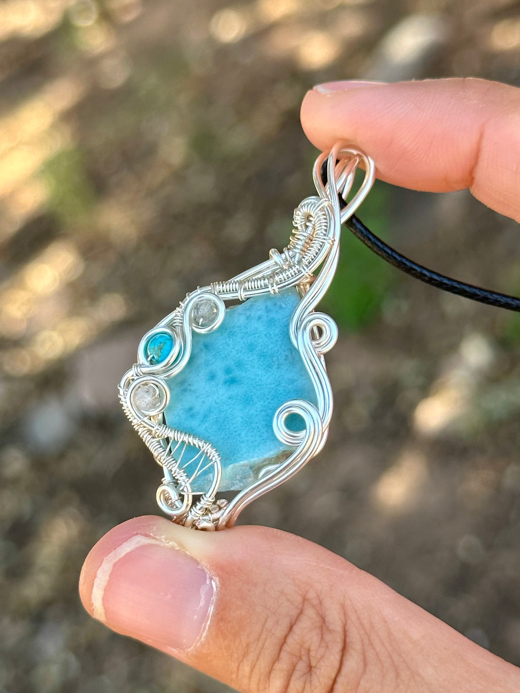 Reserved for Carly e Larimar with Gem Inclusions Wire Wrapped Pendent Necklace