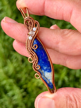 Load image into Gallery viewer, Lapis lazuli with Angelite + aquamarine gem accents wire wrapped pendant necklace
