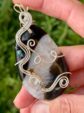 Load image into Gallery viewer, Black agate with sapphire + turquoise + star charms gem accents wire wrapped pendant necklace

