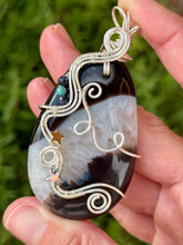 Load image into Gallery viewer, Black agate with sapphire + turquoise + star charms gem accents wire wrapped pendant necklace
