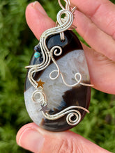 Load image into Gallery viewer, Black agate with sapphire + turquoise + star charms gem accents wire wrapped pendant necklace
