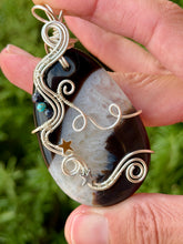 Load image into Gallery viewer, Black agate with sapphire + turquoise + star charms gem accents wire wrapped pendant necklace
