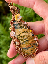 Load image into Gallery viewer, Artisan cab (positive rock) yellow ocean jasper with pink opal, zoisite, yellow mookaite gem accents wire wrapped pendant necklace

