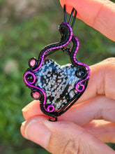 Load image into Gallery viewer, Snowflake obsidian with pink agate + onyx gem accents wire wrapped pendant necklace
