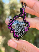 Load image into Gallery viewer, Snowflake obsidian with pink agate + onyx gem accents wire wrapped pendant necklace
