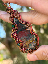 Load image into Gallery viewer, Artisan cab (positive rock) Indian bloodstone with malachite, garnet,  mookaite gem accents wire wrapped pendant necklace
