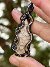 Load image into Gallery viewer, Artisan cab (positive rocks) fossilized coral with pyrite + onyx gem accents wire wrapped pendant necklace
