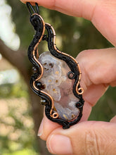 Load image into Gallery viewer, Turkish stick agate with obsidian + onyx gem accents wire wrapped pendant necklace
