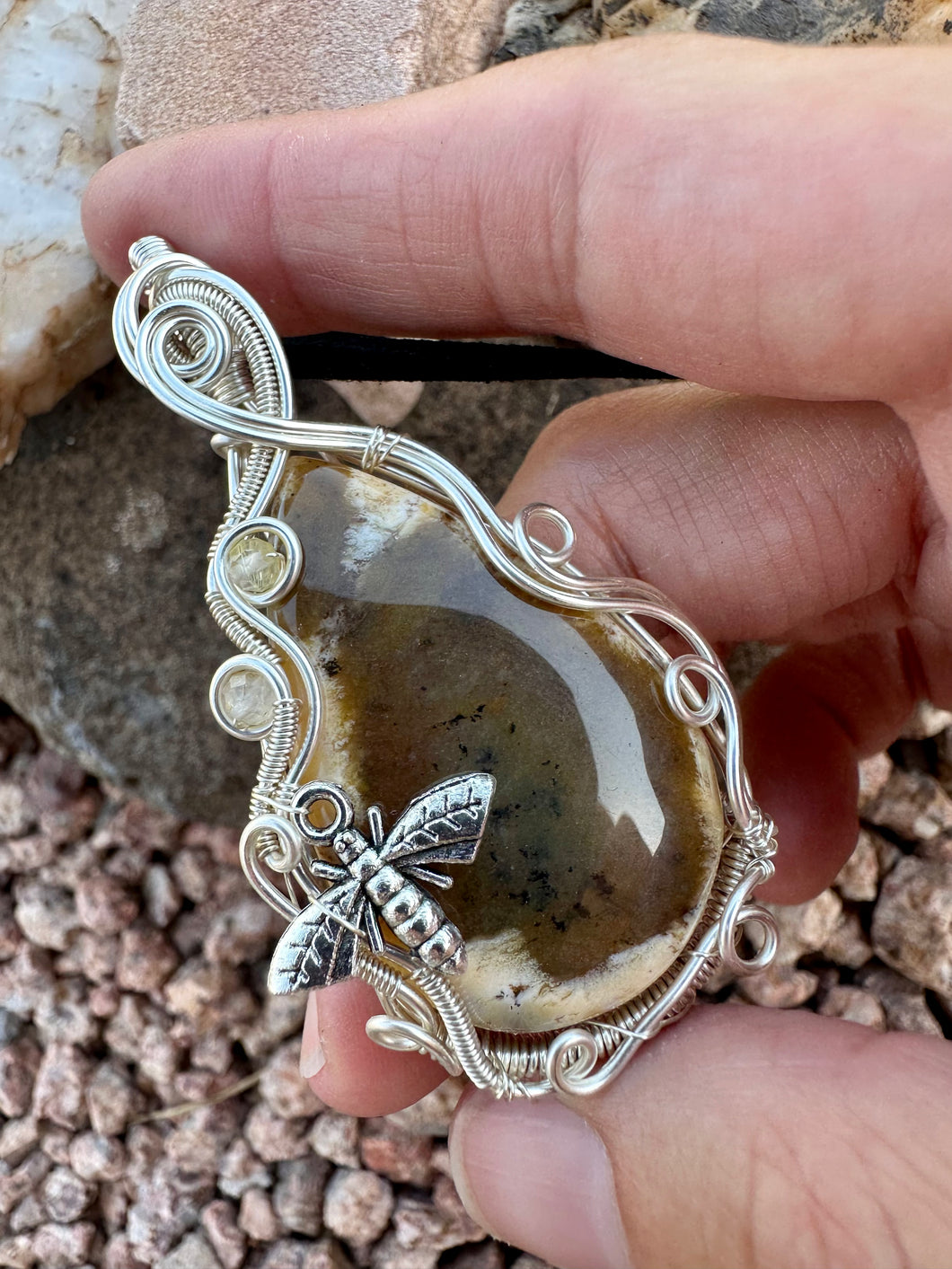 Reserved for Rita - Honey Dendritic Opal with Golden Rutile Quartz Gem Inclusion Wire Wrapped Pendent Necklace