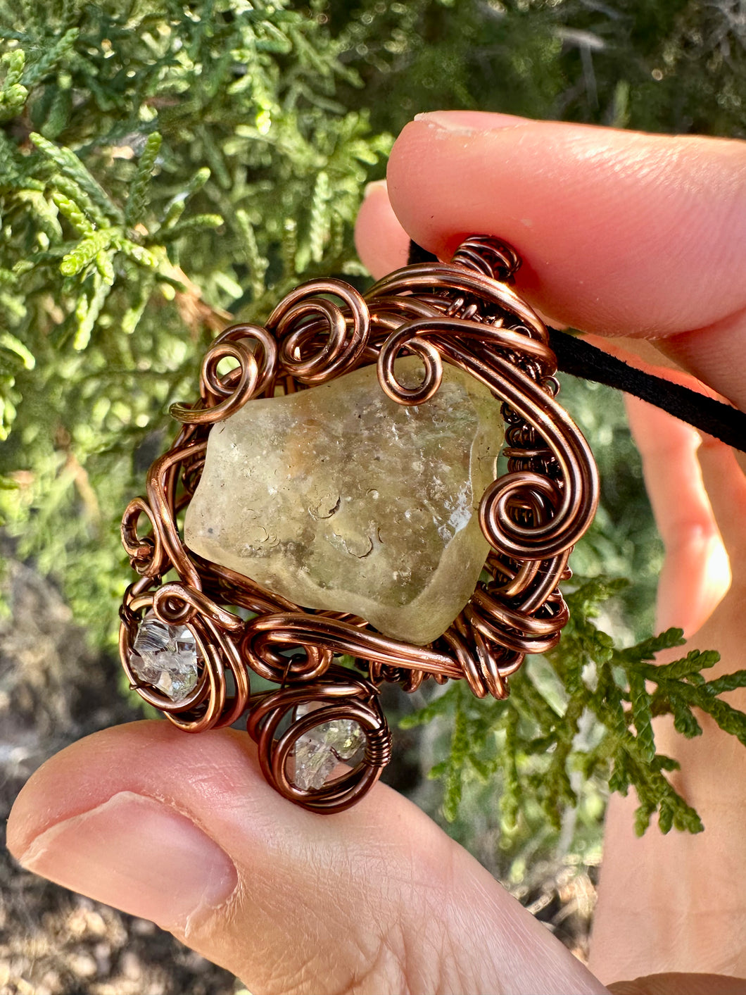 Reserved for Brandi T Libyan Desert Glass with Herkimer Diamond Inclusions Wire Wrapped Pendent Necklace