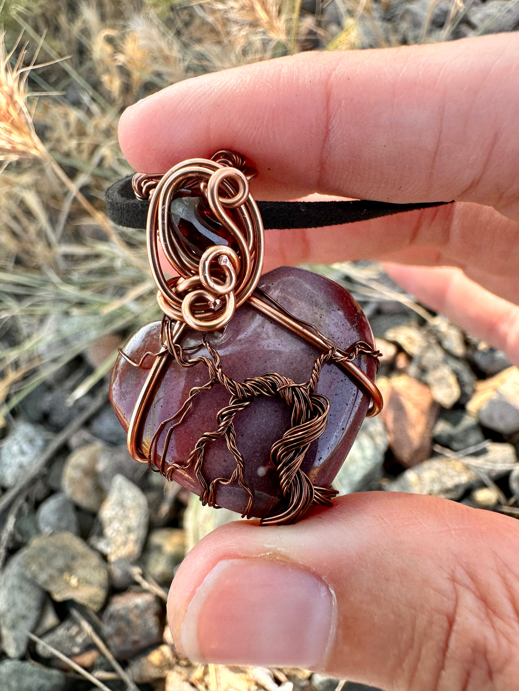 Reserved for Denise a Mookaite with Garnet Gem Inclusion Wire Wrapped Pendent Necklace