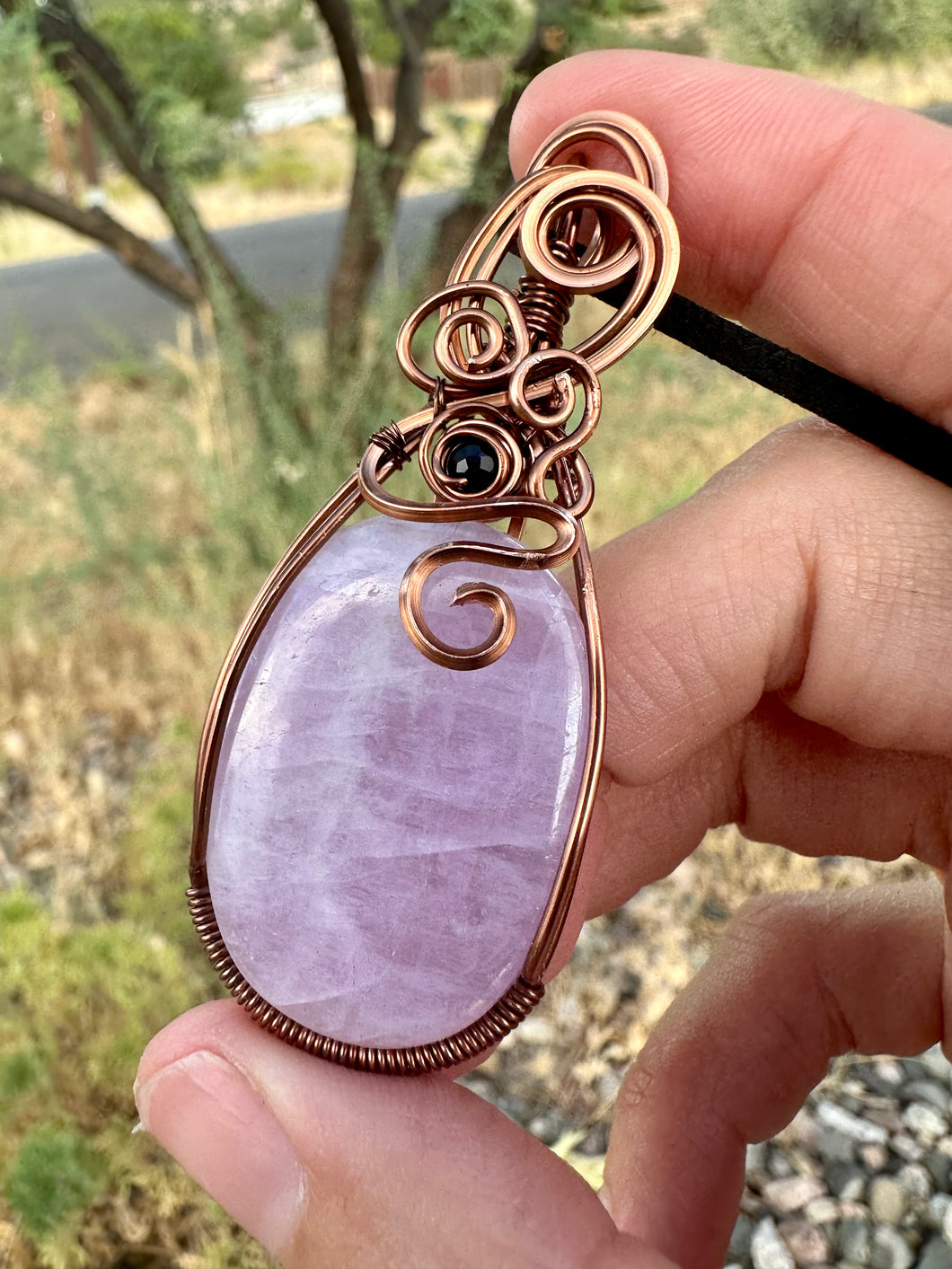 Reserved for Valerie e Pink Kunzite with Black Spinel Gem Inclusion Wire Wrapped Pendent Necklace