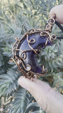 Load and play video in Gallery viewer, Reserved for halla l Amethyst Moon with Moonstone Gem inclusions Wire Wrapped Pendent Necklaces
