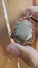 Load and play video in Gallery viewer, Reserved for Lisa t Ruby in fuchsite with gem inclusions Wire Wrapped Pendent Necklacete

