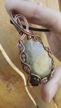 Load and play video in Gallery viewer, Reserved for Lisa t Ruby in fuchsite with gem inclusions Wire Wrapped Pendent Necklacete
