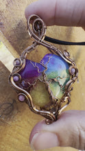 Load and play video in Gallery viewer, Reserved for Kelli Rainbow Solar Quartz with Phosphosiderite gem inclusions Wire Wrapped Pendent Necklacer

