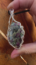 Load and play video in Gallery viewer, Reserved for Bethany s Ruby in fuchsite with gem inclusions Wire Wrapped Pendent Necklace
