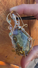 Load and play video in Gallery viewer, Reserved for Jenny c Rainforest Jasper with Gem Inclusions Wire Wrapped Pendent Necklace

