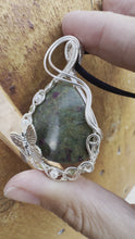 Load and play video in Gallery viewer, Reserved for Denise a Ruby in Fuchsite with Pearl, Prehnite Gem Inclusions Wire Wrapped Pendent Necklace

