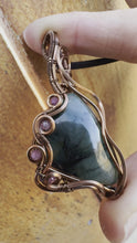 Load and play video in Gallery viewer, Reserved for Kristin e Emerald with Ruby Gem Inclusions Wire Wrapped Pendent Necklace
