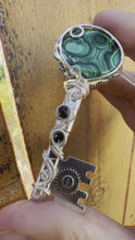 Load and play video in Gallery viewer, Reserved for Carrie Malachite with Black Onyx Inclusions Wire Wrapped Key Pendent Necklacee
