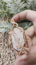 Load and play video in Gallery viewer, Reserved for Stephanie d Rosetta Jasper with Sunstone Gem Inclusion Wire Wrapped Pendent Necklace
