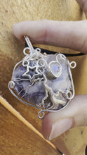 Load and play video in Gallery viewer, Reserved for Laura p Purple Morado Opal Tree of Life + Moonstone Wire Wrapped Pendent Necklace
