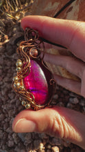 Load and play video in Gallery viewer, Reserved for Denise s Magenta Enhanced Lab with super 7 inclusions Wire Wrapped Pendent Necklace
