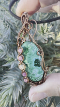 Load and play video in Gallery viewer, Reserved for Shelby h Malachite/Chrysocolla  with gem inclusions  Wire Wrapped Pendent Necklace
