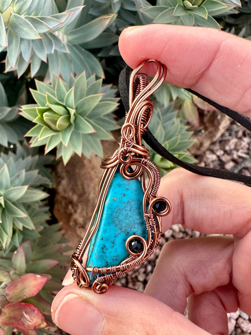 Turquoise with Black Spinnel Inclusion Wire Wrapped Pendent Necklace